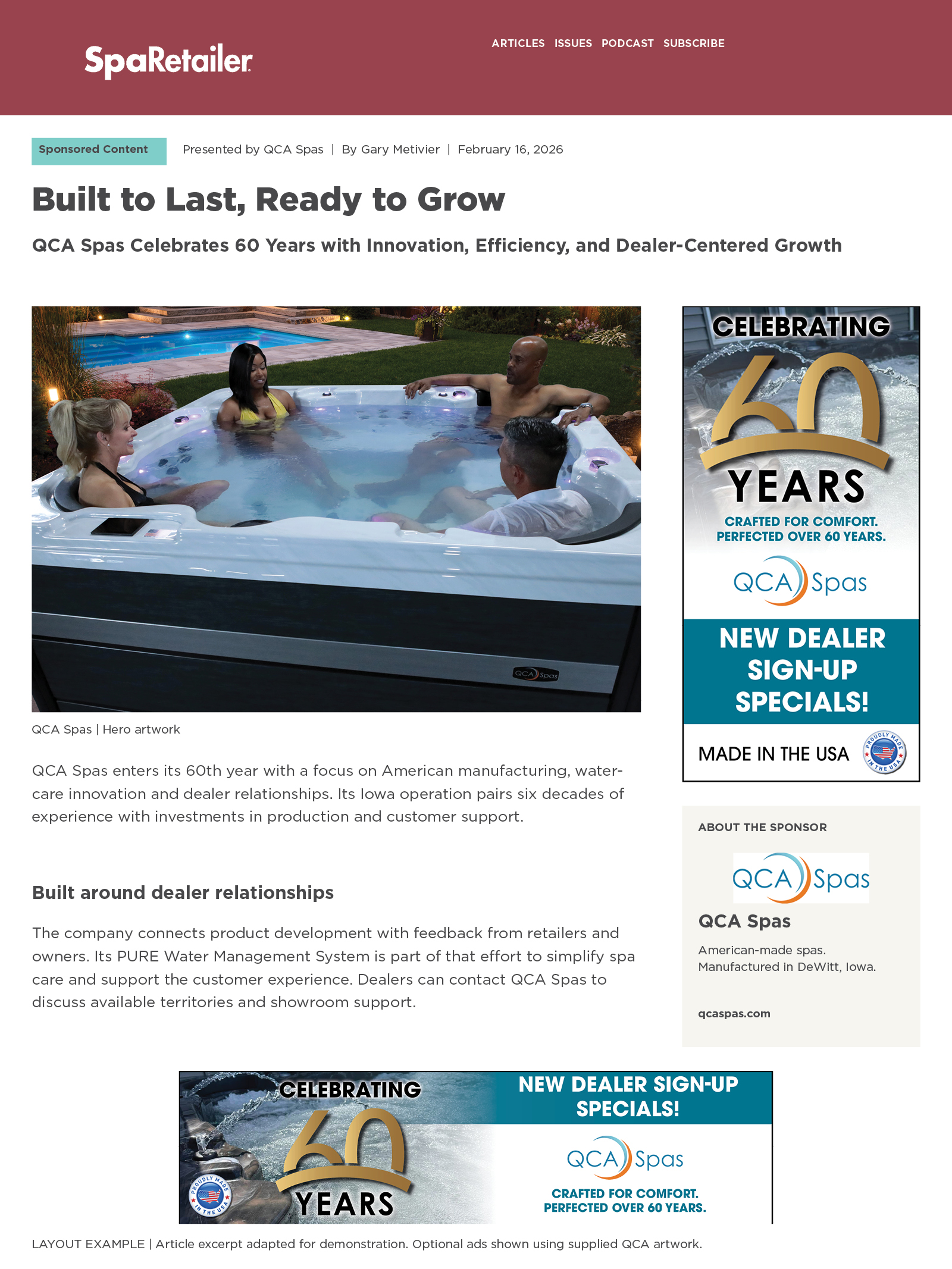 SpaRetailer Sponsored Content layout example showing the QCA Spas headline, sponsor disclosure, hero image, sidebar ad, sponsor profile and in-article banner